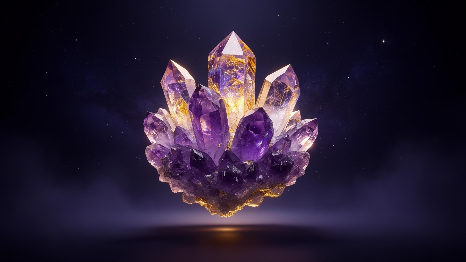 A glowing cluster of amethyst and gold crystals